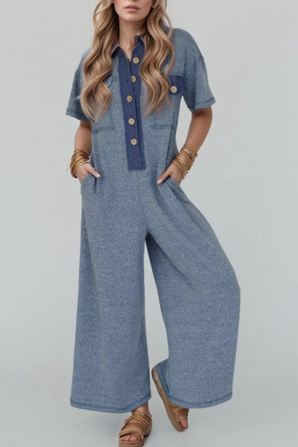 Placket Chest Pockets Short Sleeve Wide Leg Jumpsuit sold by Charming Charlie