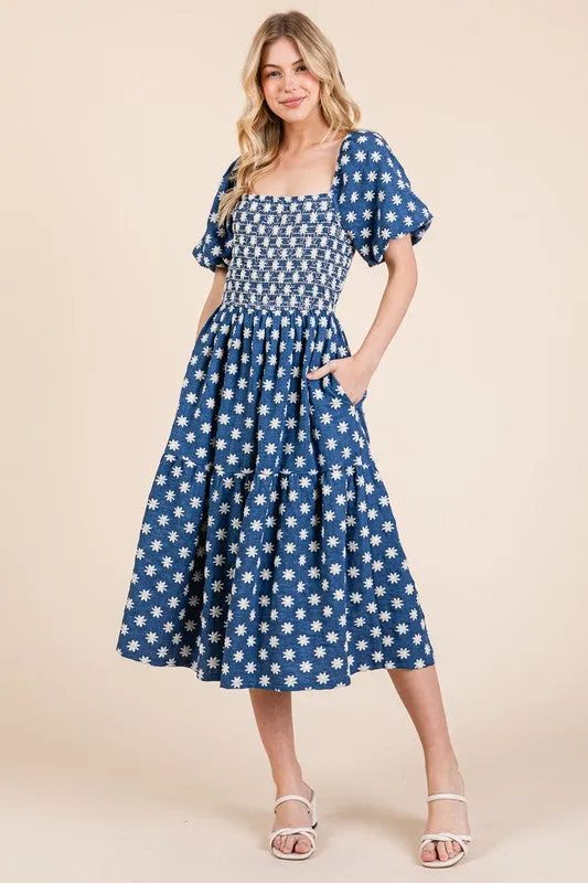 GeeGee Floral Embroidered Smocked Puff Sleeve Tiered Midi Dress sold by Charming Charlie product image thumbnail 4