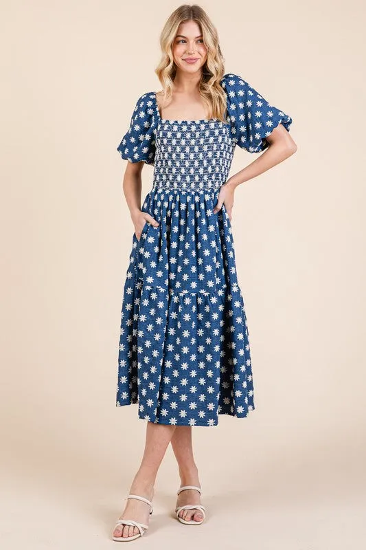 GeeGee Floral Embroidered Smocked Puff Sleeve Tiered Midi Dress sold by Charming Charlie product image thumbnail 5