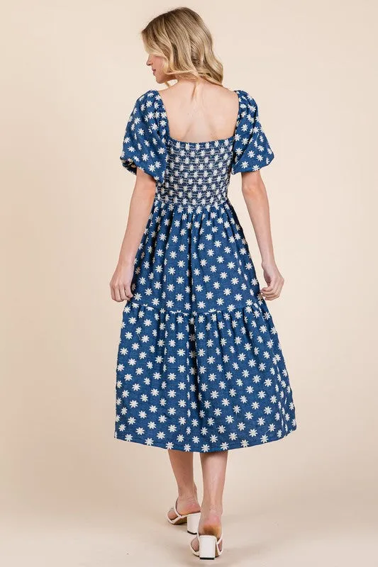 GeeGee Floral Embroidered Smocked Puff Sleeve Tiered Midi Dress sold by Charming Charlie product image thumbnail 3