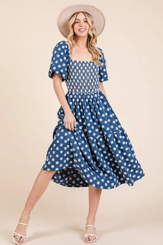 GeeGee Floral Embroidered Smocked Puff Sleeve Tiered Midi Dress sold by Charming Charlie