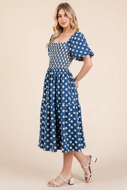 GeeGee Floral Embroidered Smocked Puff Sleeve Tiered Midi Dress sold by Charming Charlie product image thumbnail 2