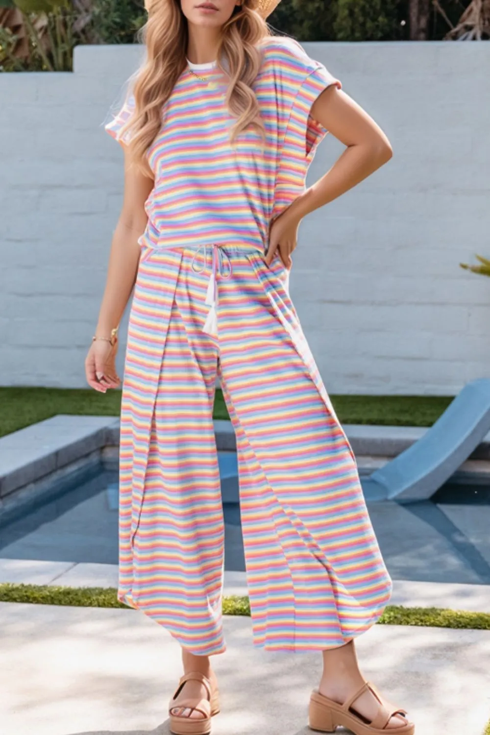 Striped Round Neck Short Sleeve Top and Pants Set sold by Charming Charlie