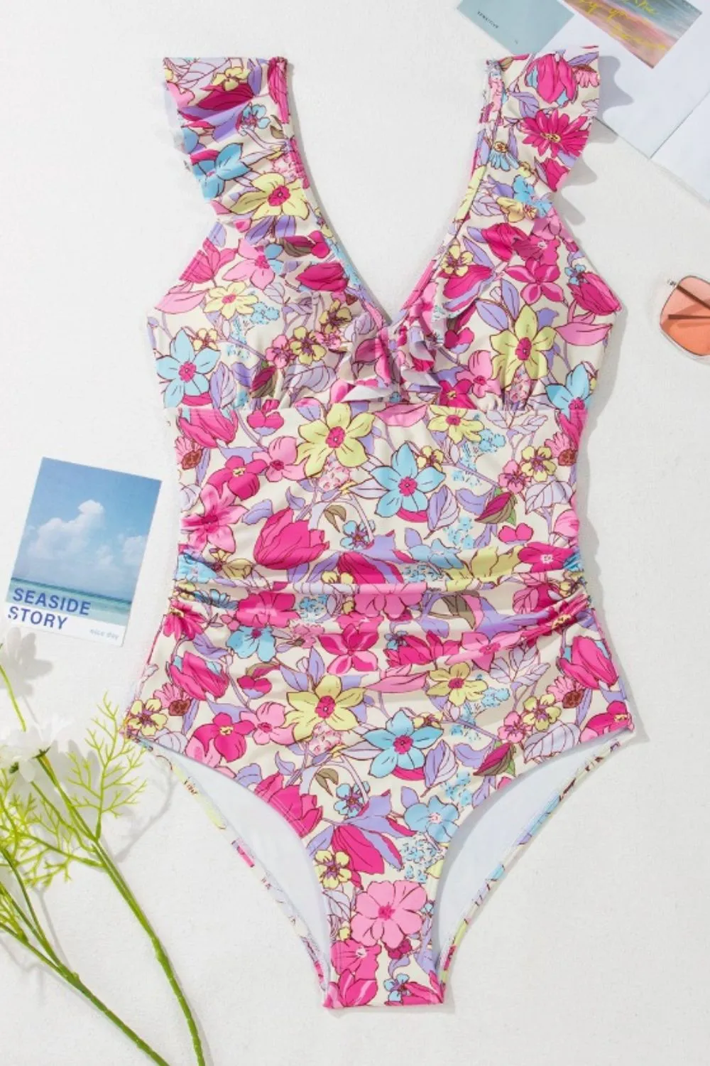 Floral Ruffle Trim Tummy Control One Piece Swimsuit sold by Charming Charlie product image thumbnail 5