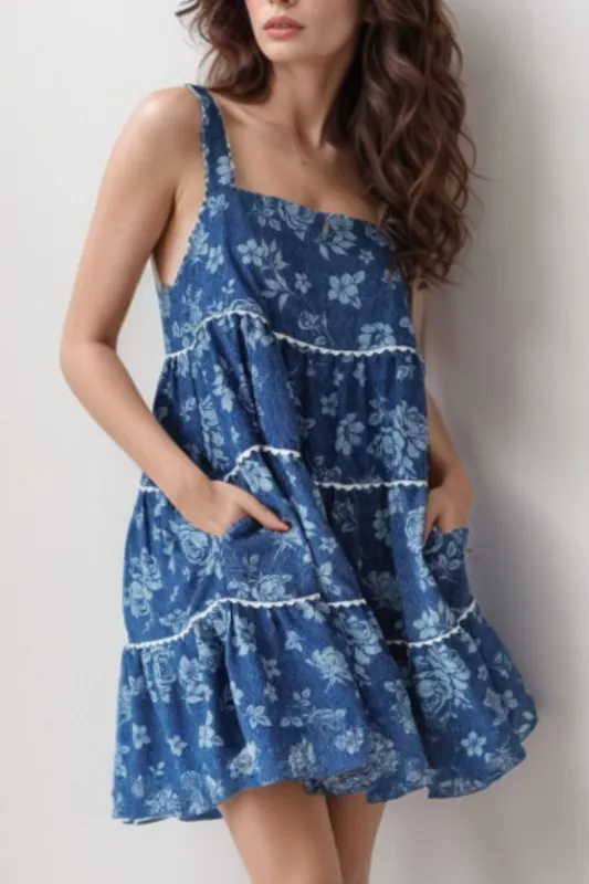 Floral Tiered Square Neck Denim Dress sold by Charming Charlie