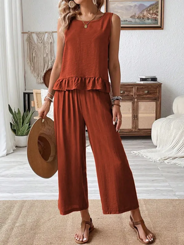 Ruffled Round Neck Top and Wide Leg Pants Set sold by Charming Charlie