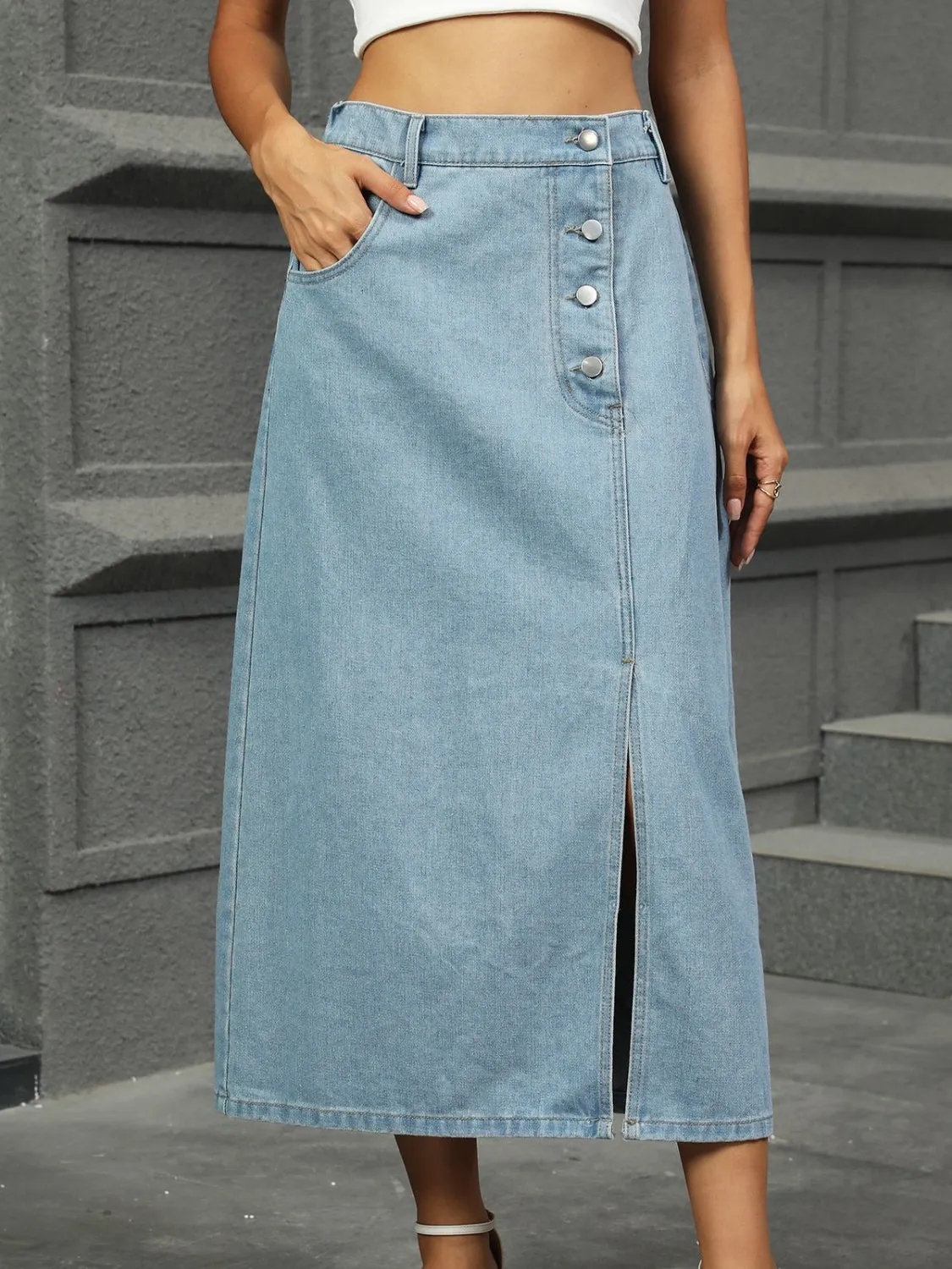 Slit Button Detail Denim Midi Skirt sold by Charming Charlie