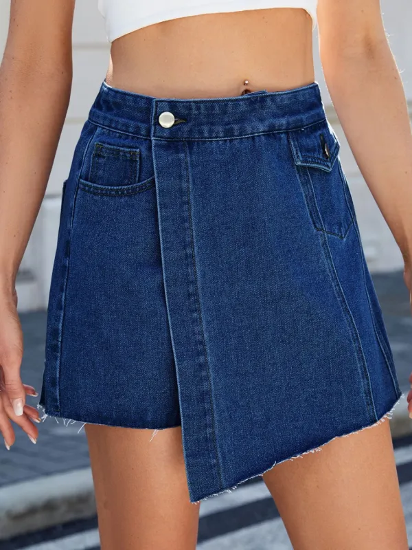 Frayed Hem Asymmetrical Denim Skort sold by Charming Charlie