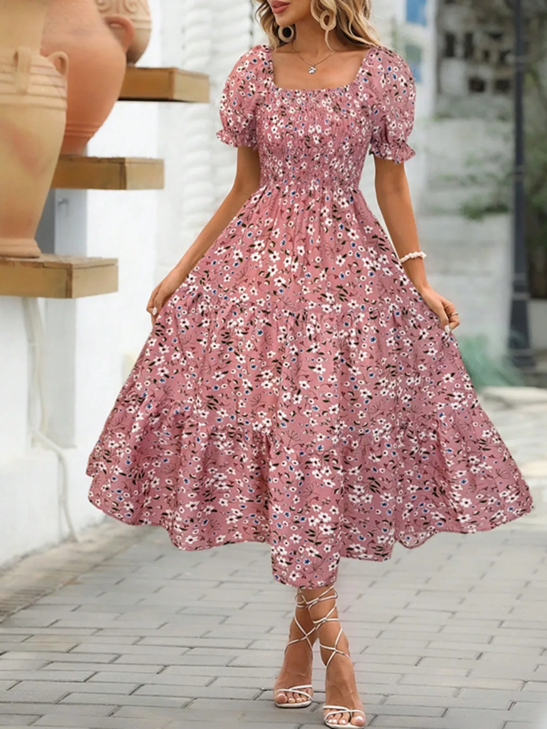 Floral Square Neck Short Sleeve Tiered Dress sold by Charming Charlie product image thumbnail 5