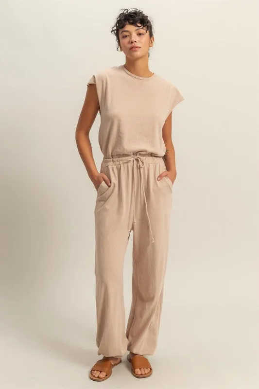 HYFVE Back Keyhole Round Neck Cap Sleeve Drawstring Jumpsuit sold by Charming Charlie