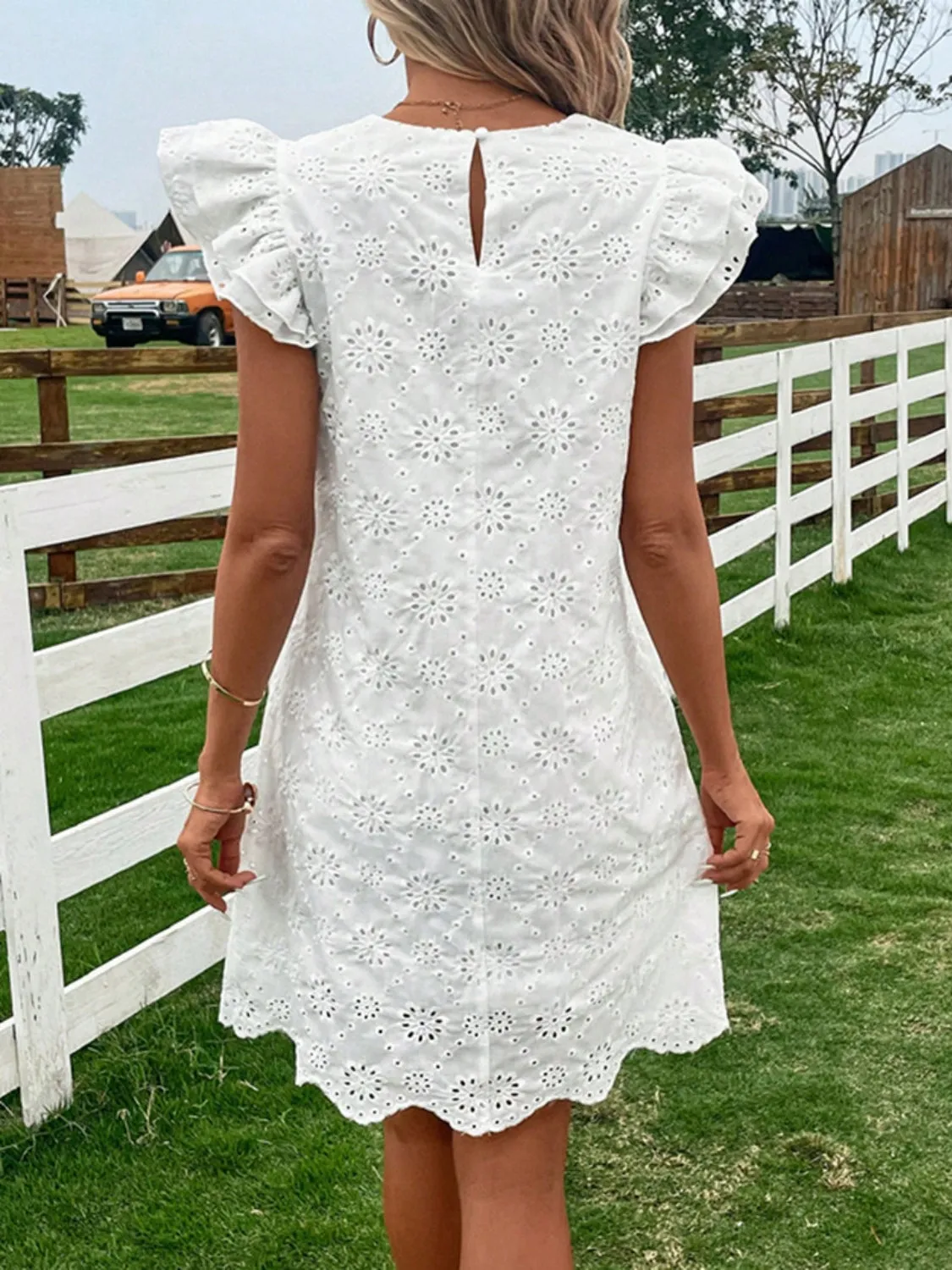 Eyelet Round Neck Ruffled Cap Sleeve Dress sold by Charming Charlie product image thumbnail 3