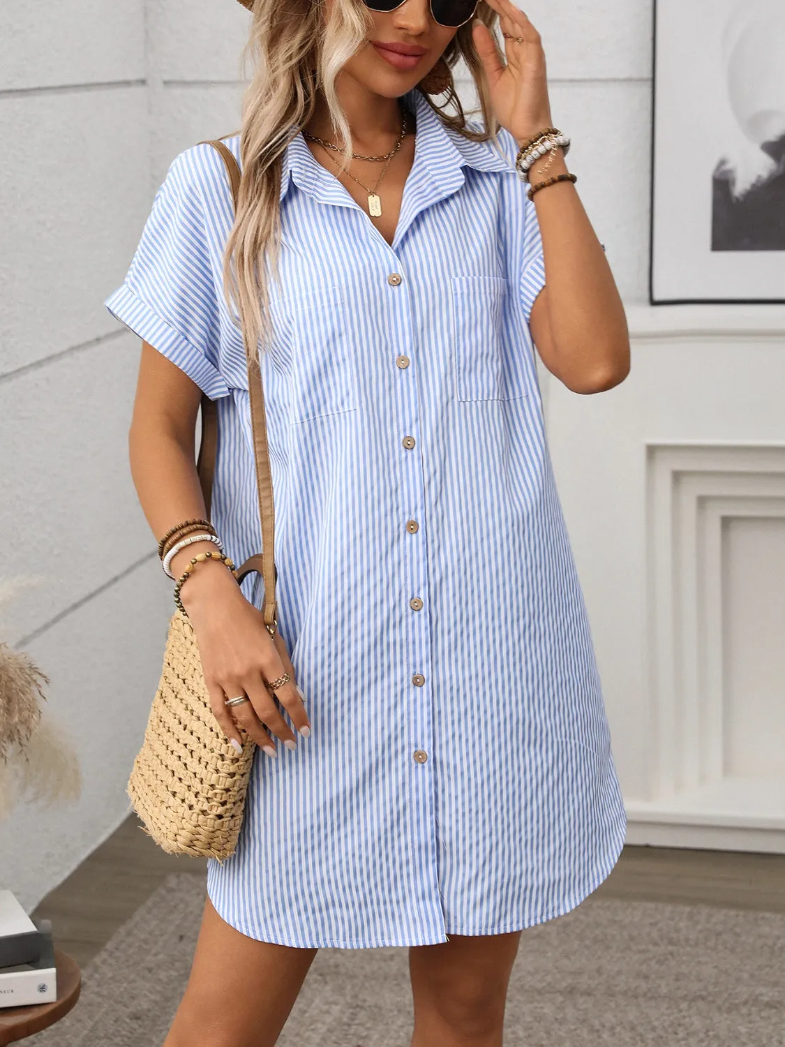 Striped Button Down Short Sleeve Mini Dress sold by Charming Charlie