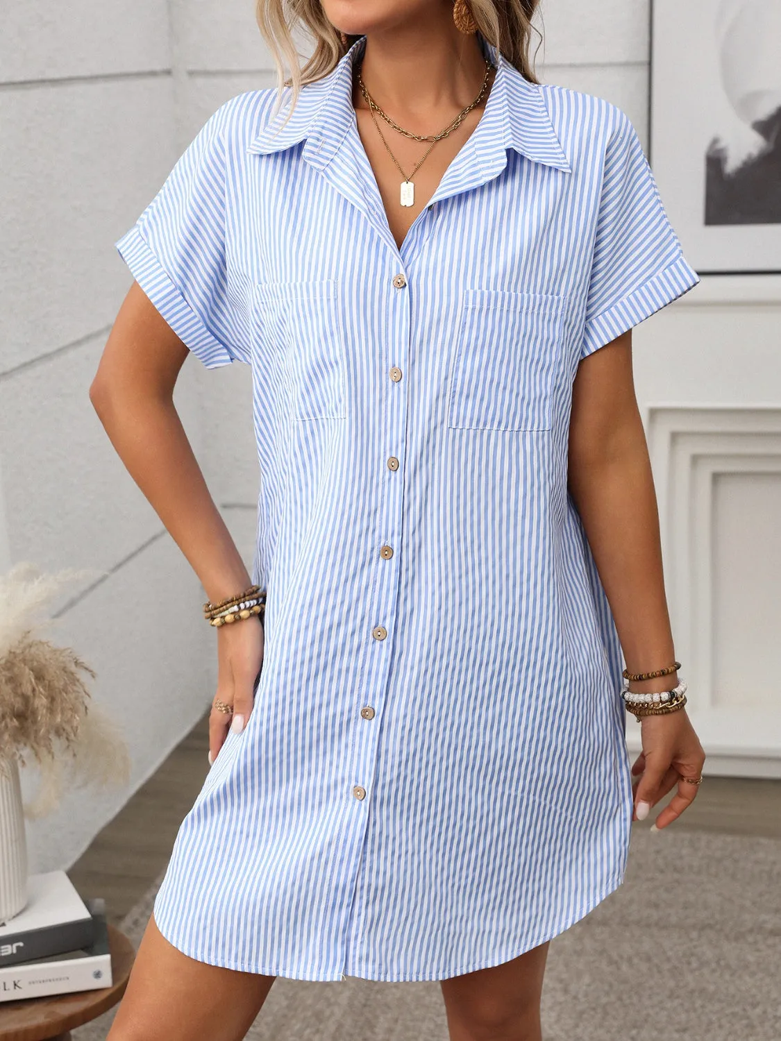 Striped Button Down Short Sleeve Mini Dress sold by Charming Charlie product image thumbnail 4