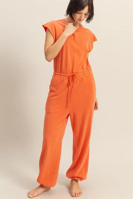 HYFVE Back Keyhole Round Neck Cap Sleeve Drawstring Jumpsuit sold by Charming Charlie