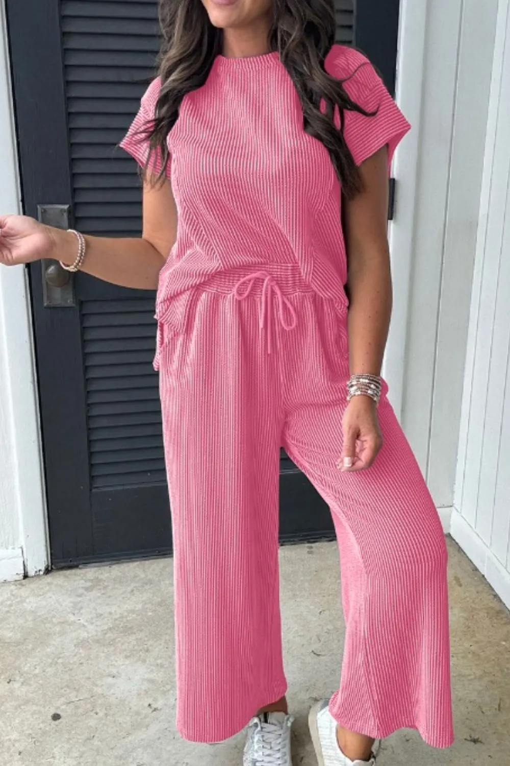 Corded Knit Short Sleeve T-Shirt and Wide Leg Pants Set sold by Charming Charlie product image thumbnail 3
