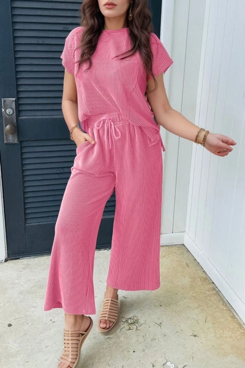 Corded Knit Short Sleeve T-Shirt and Wide Leg Pants Set sold by Charming Charlie