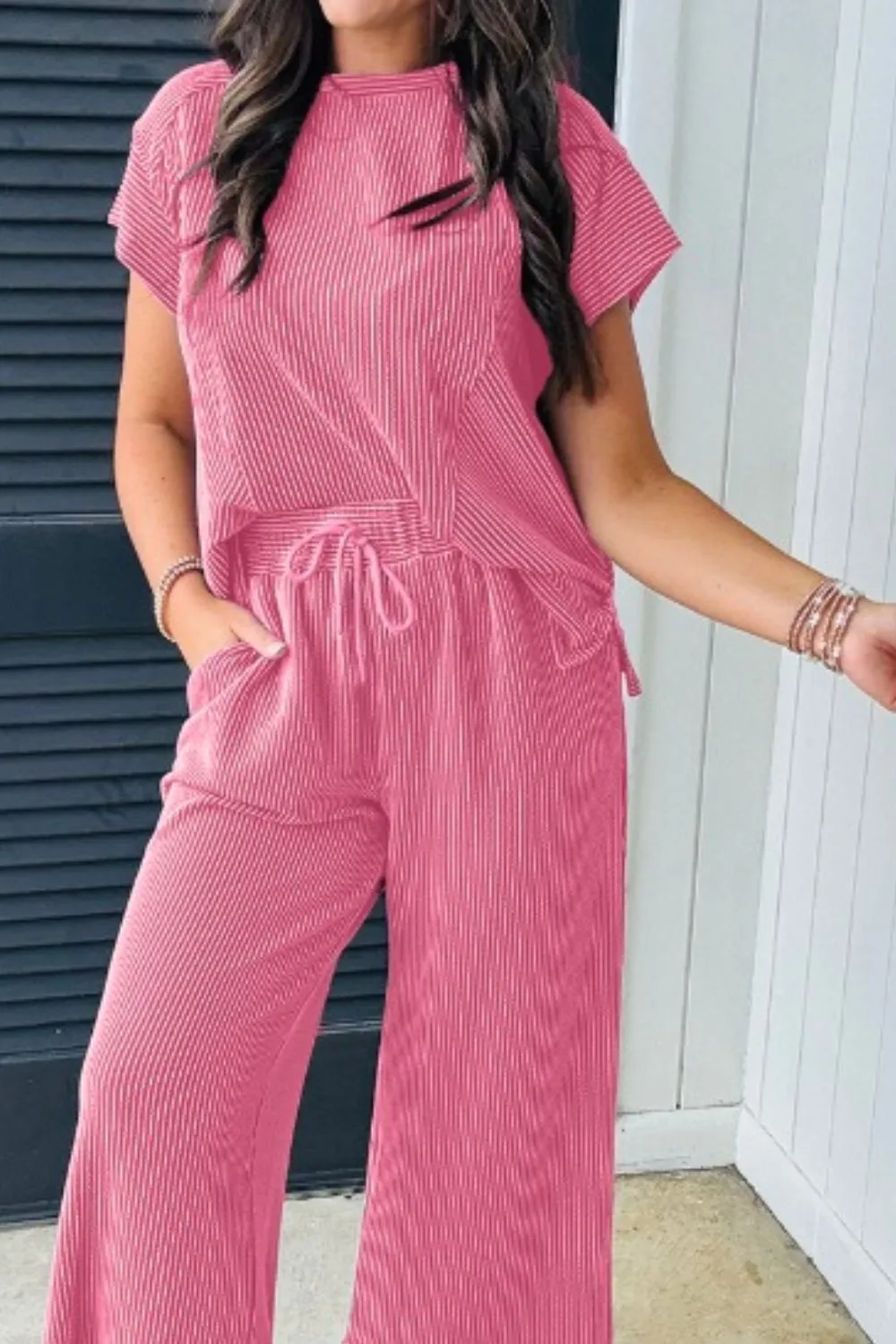 Corded Knit Short Sleeve T-Shirt and Wide Leg Pants Set sold by Charming Charlie product image thumbnail 2