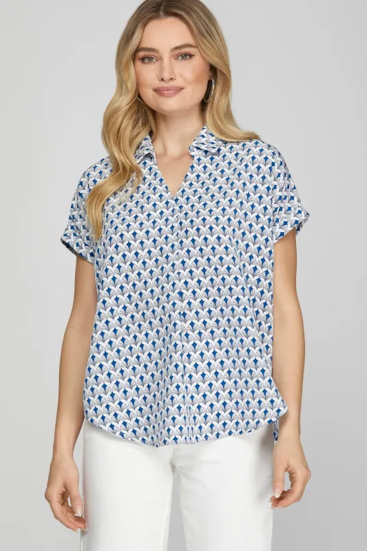 She + Sky Full Size Printed Johnny Collar Short Sleeve Blouse Plus Size sold by Charming Charlie