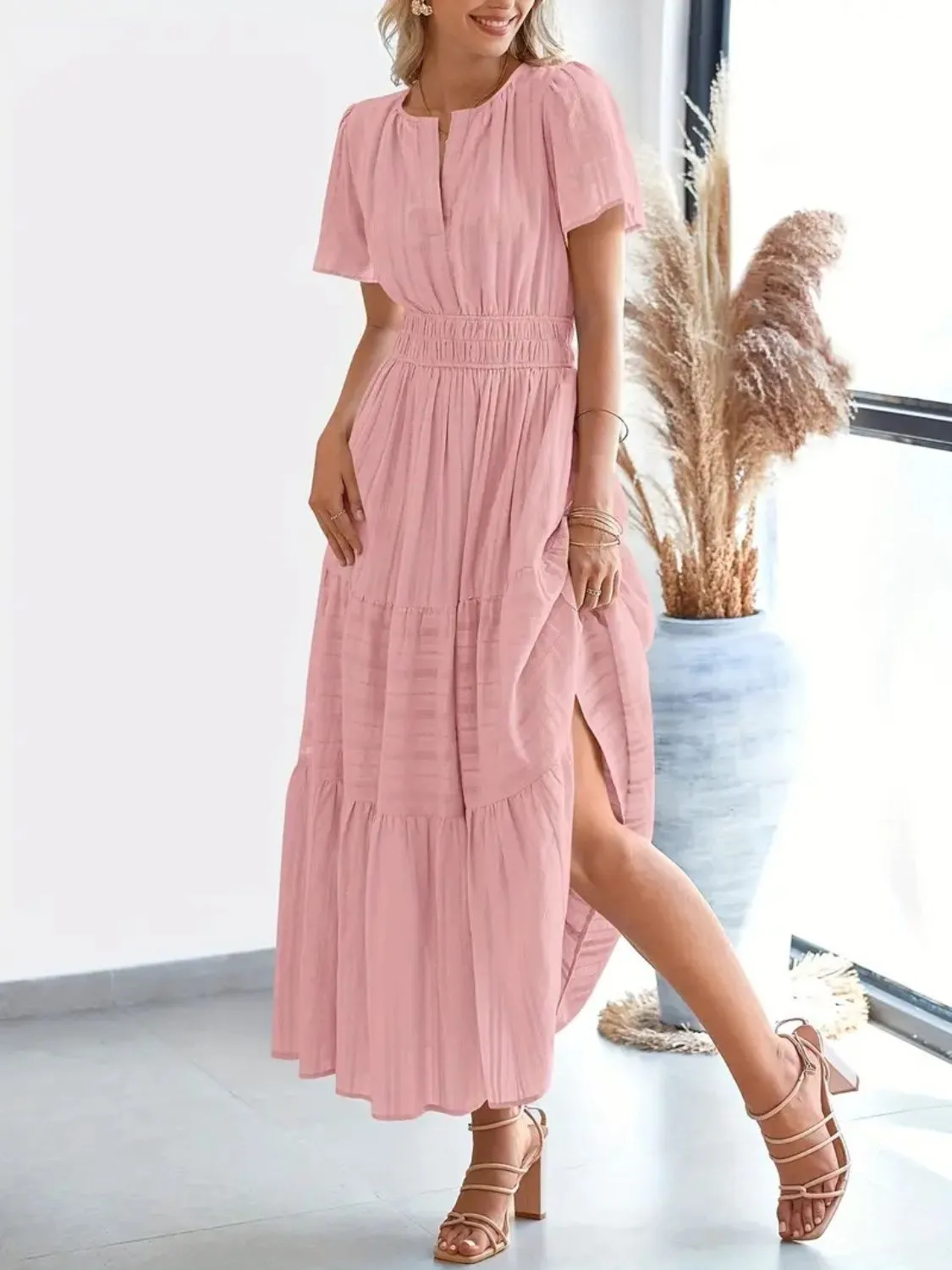 Notched Short Sleeve Midi Dress with Pockets sold by Charming Charlie product image thumbnail 3