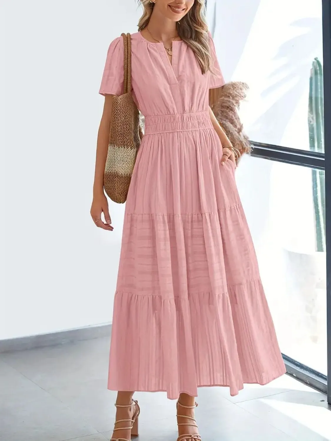 Notched Short Sleeve Midi Dress with Pockets sold by Charming Charlie