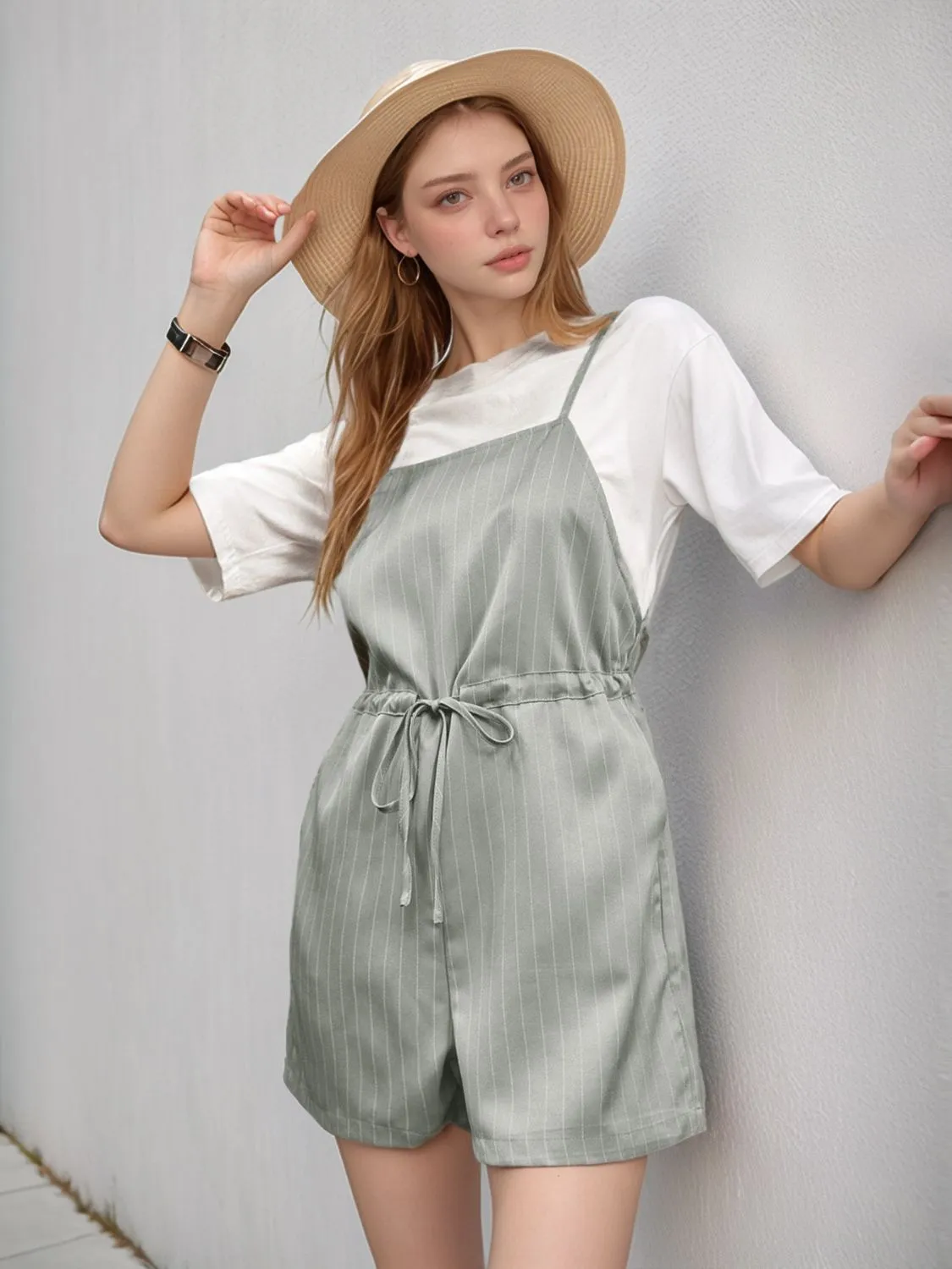 Perfee Drawstring Waist Striped Overalls with Pockets sold by Charming Charlie product image thumbnail 4