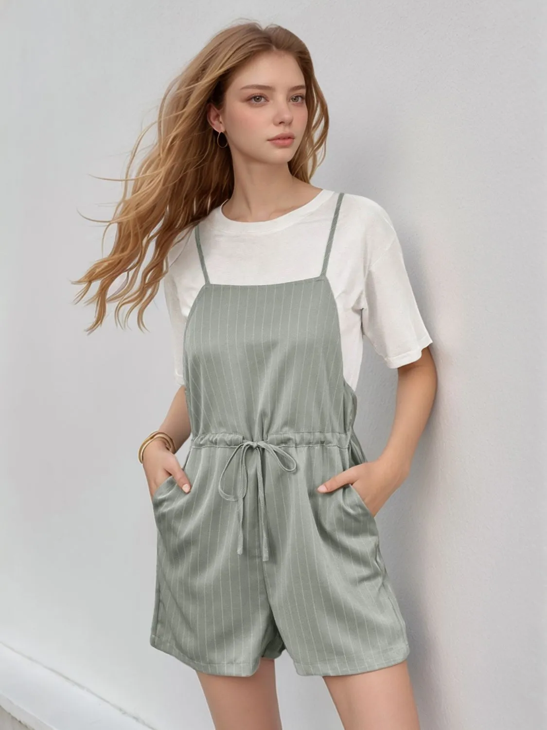 Perfee Drawstring Waist Striped Overalls with Pockets sold by Charming Charlie product image thumbnail 3
