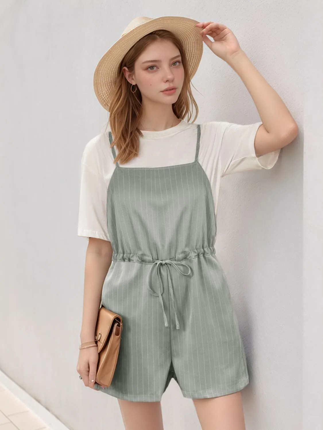 Perfee Drawstring Waist Striped Overalls with Pockets sold by Charming Charlie
