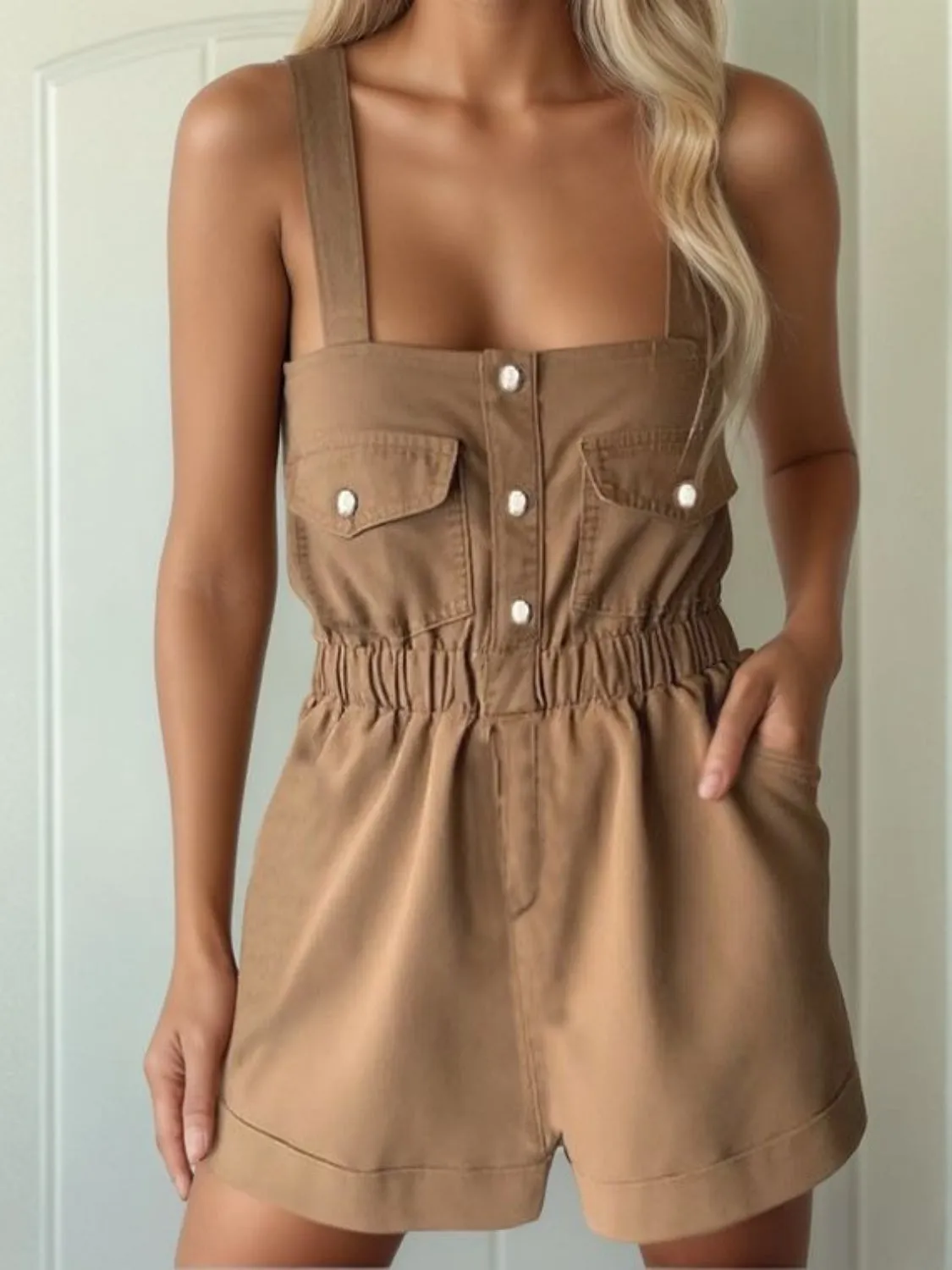 Wide Strap Denim Romper with Pockets sold by Charming Charlie product image thumbnail 5