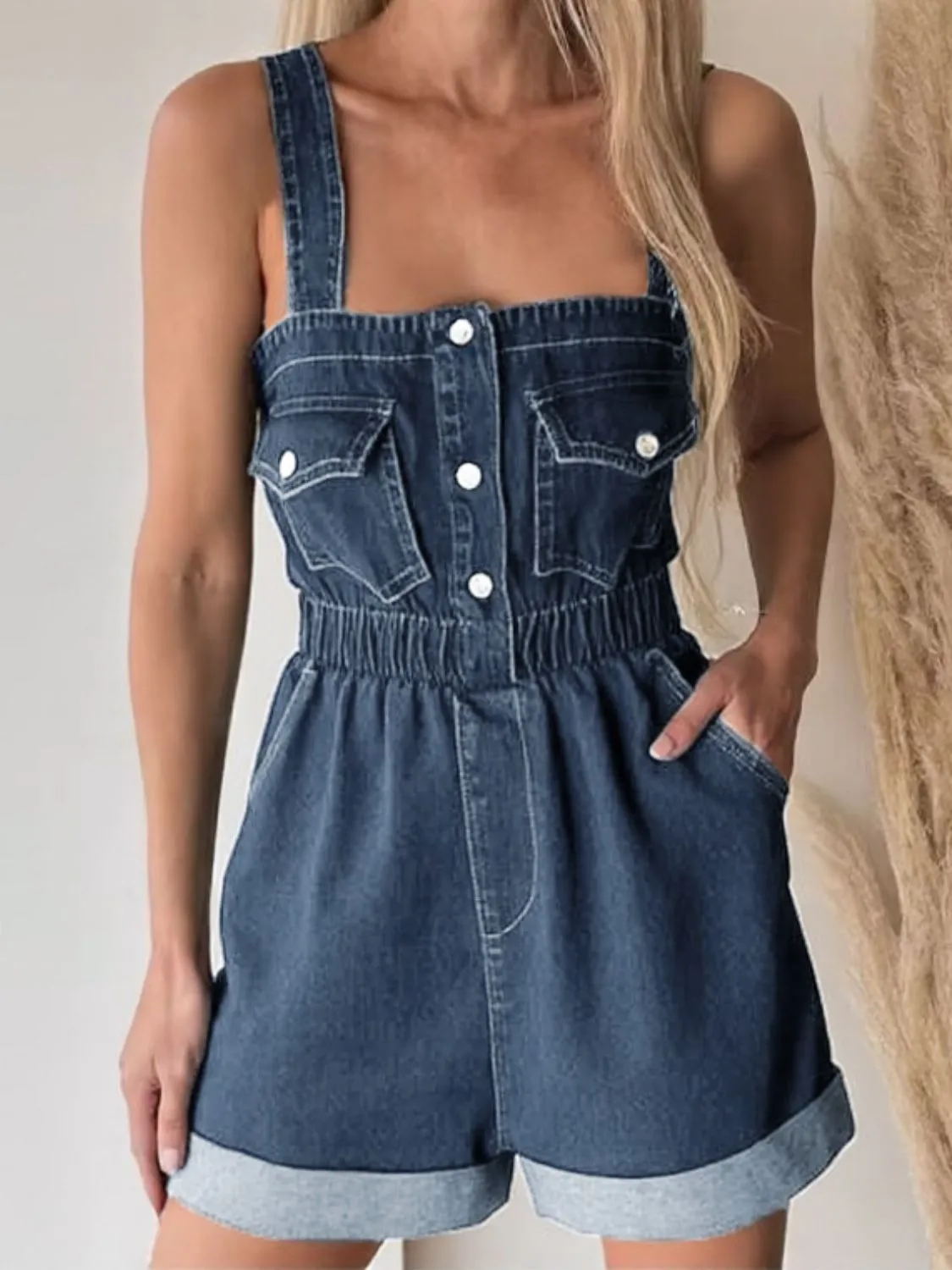 Wide Strap Denim Romper with Pockets sold by Charming Charlie product image thumbnail 2