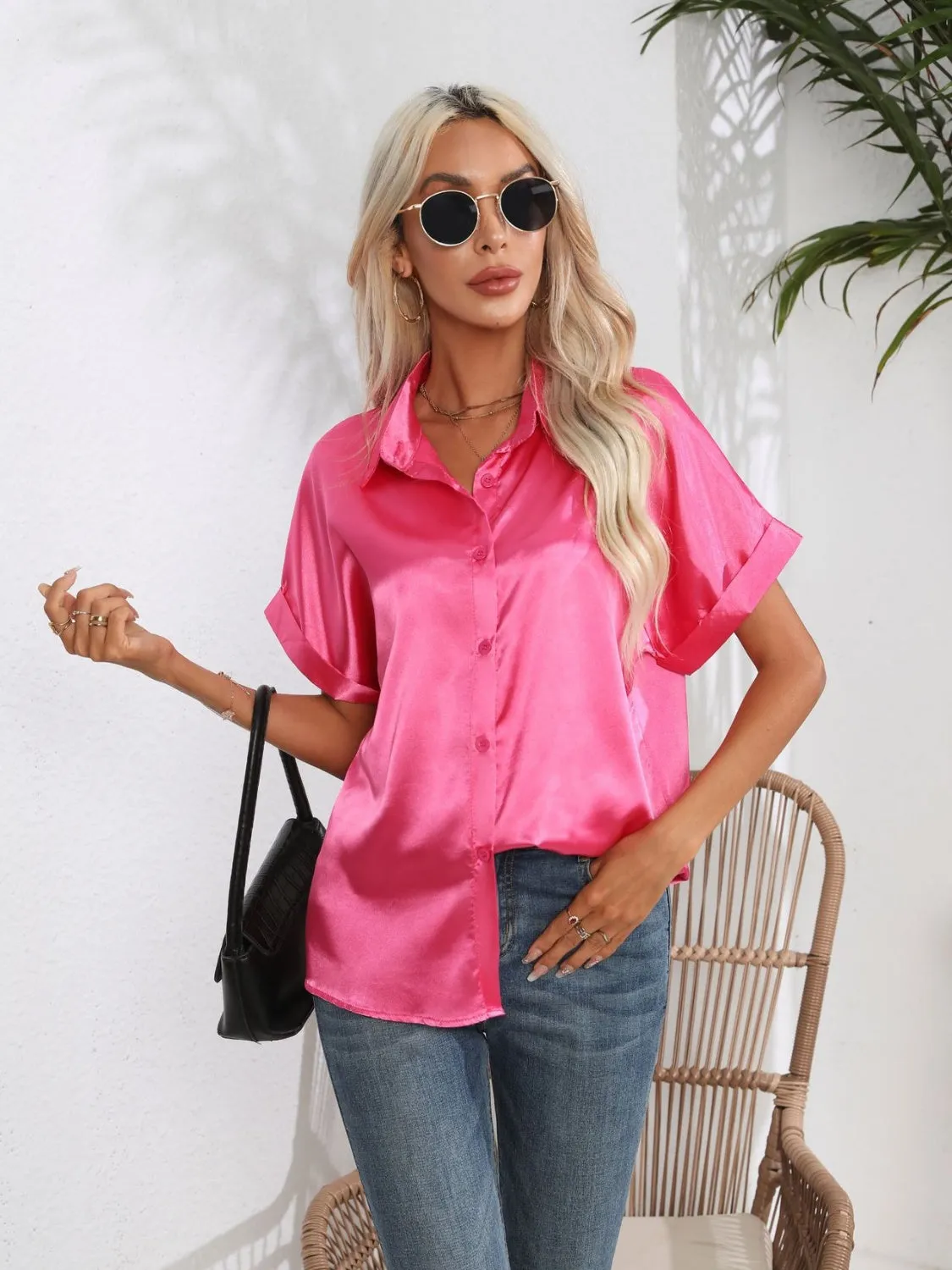 Button Down Collared Neck Short Sleeve Satin Shirt sold by Charming Charlie product image thumbnail 4