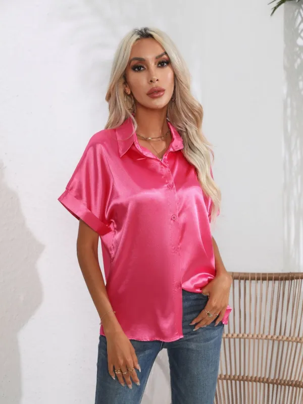Button Down Collared Neck Short Sleeve Satin Shirt sold by Charming Charlie