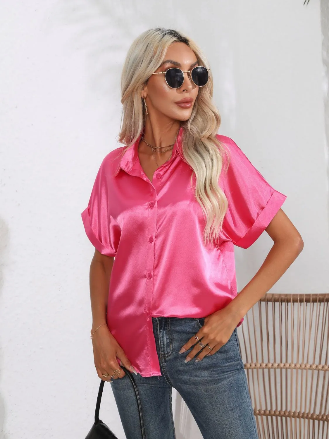 Button Down Collared Neck Short Sleeve Satin Shirt sold by Charming Charlie product image thumbnail 3