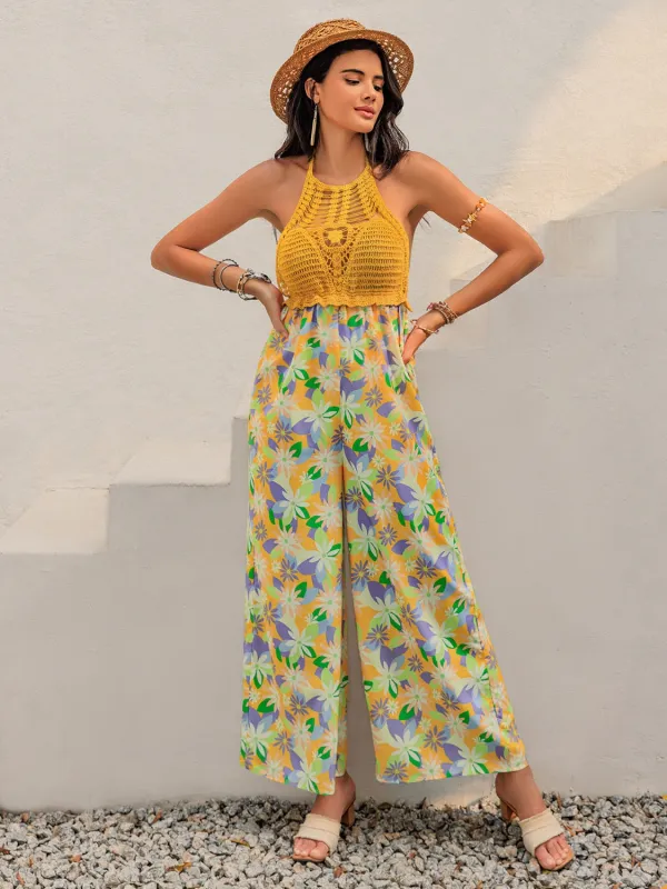 Openwork Halter Neck Floral Wide Leg Jumpsuit sold by Charming Charlie
