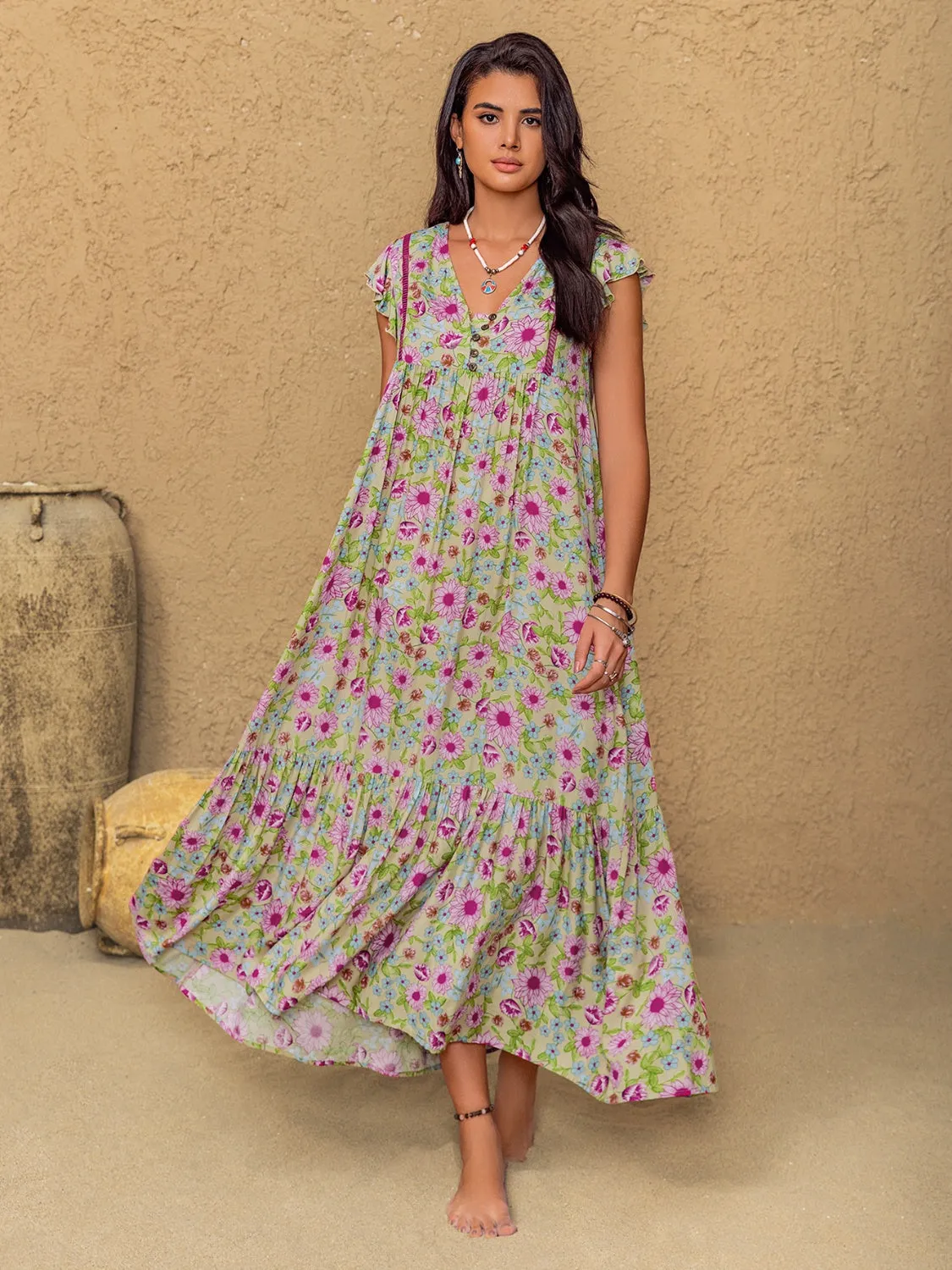Floral Ruffled Cap Sleeve Tiered Dress sold by Charming Charlie