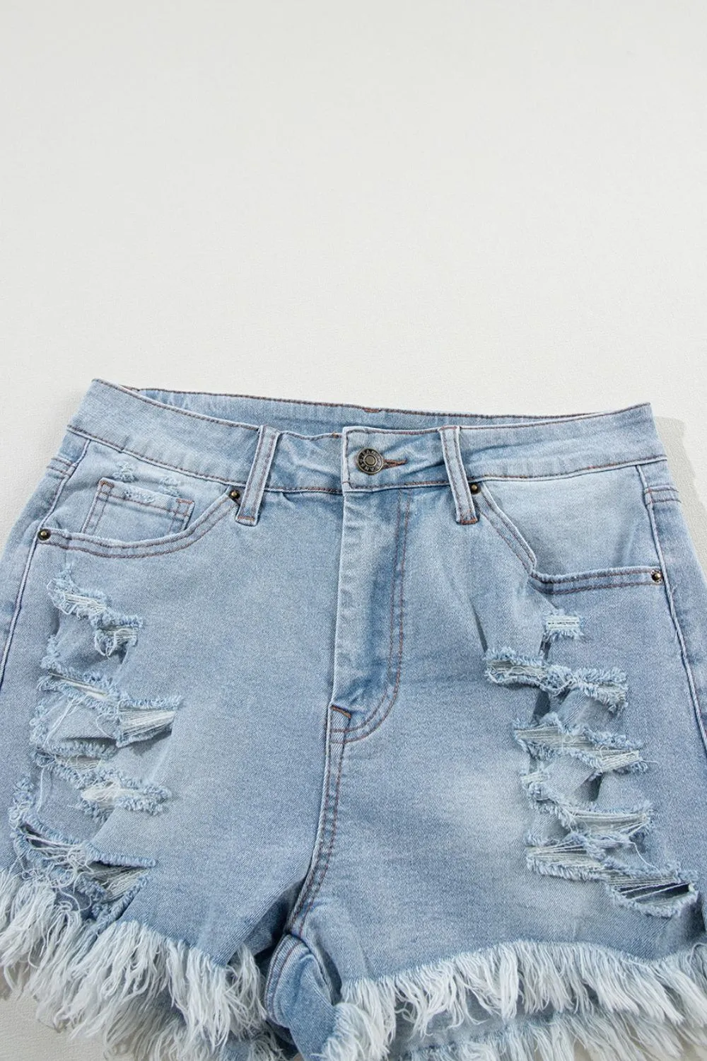 Distressed Raw Hem High Waist Denim Shorts sold by Charming Charlie product image thumbnail 5