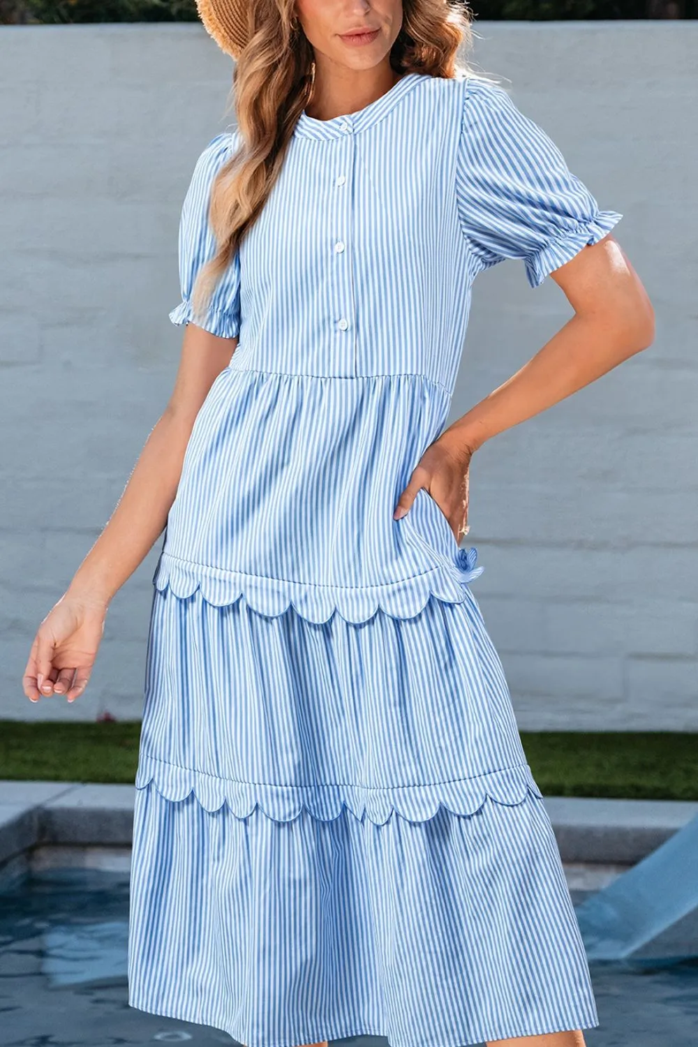 Stripe Bubble Short Sleeve Tiered Scallop Midi Dress sold by Charming Charlie