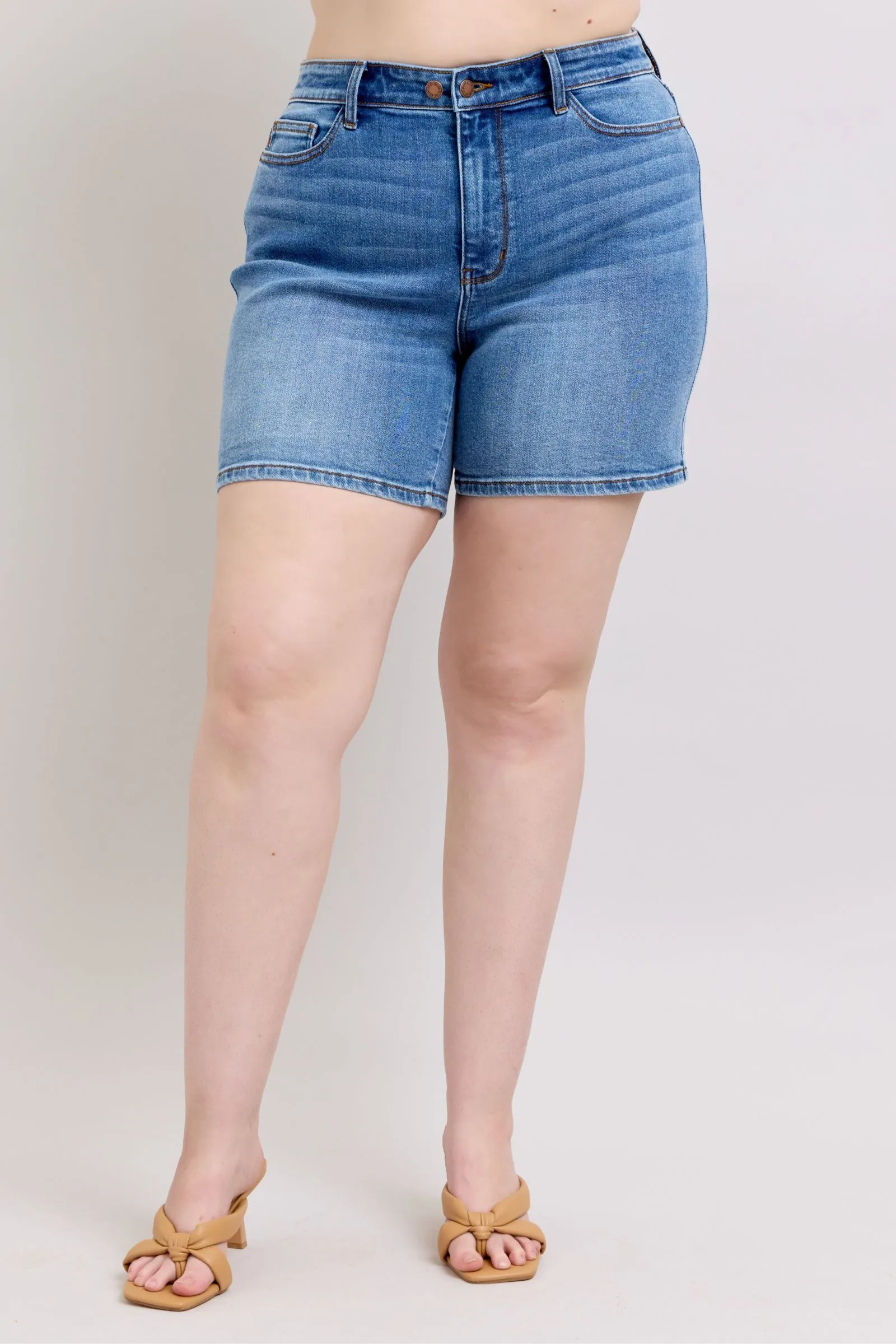 Judy Blue Full Size 2 Button Denim Shorts with Pockets Plus Size sold by Charming Charlie
