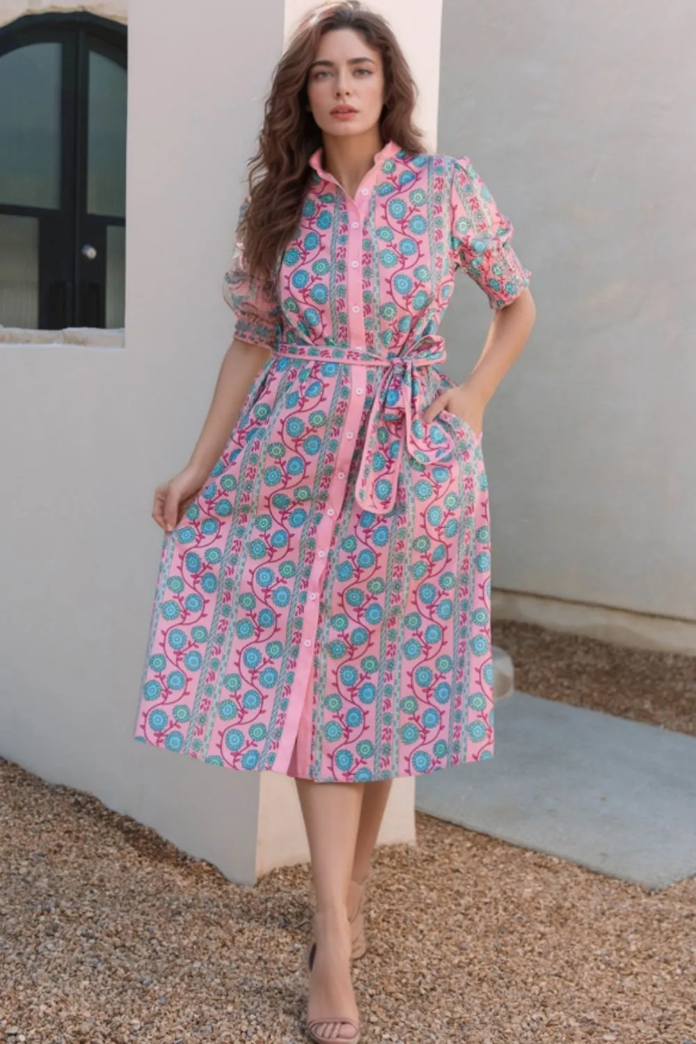 Printed Shirred Sleeve Buttoned Front Midi Dress with Sash sold by Charming Charlie