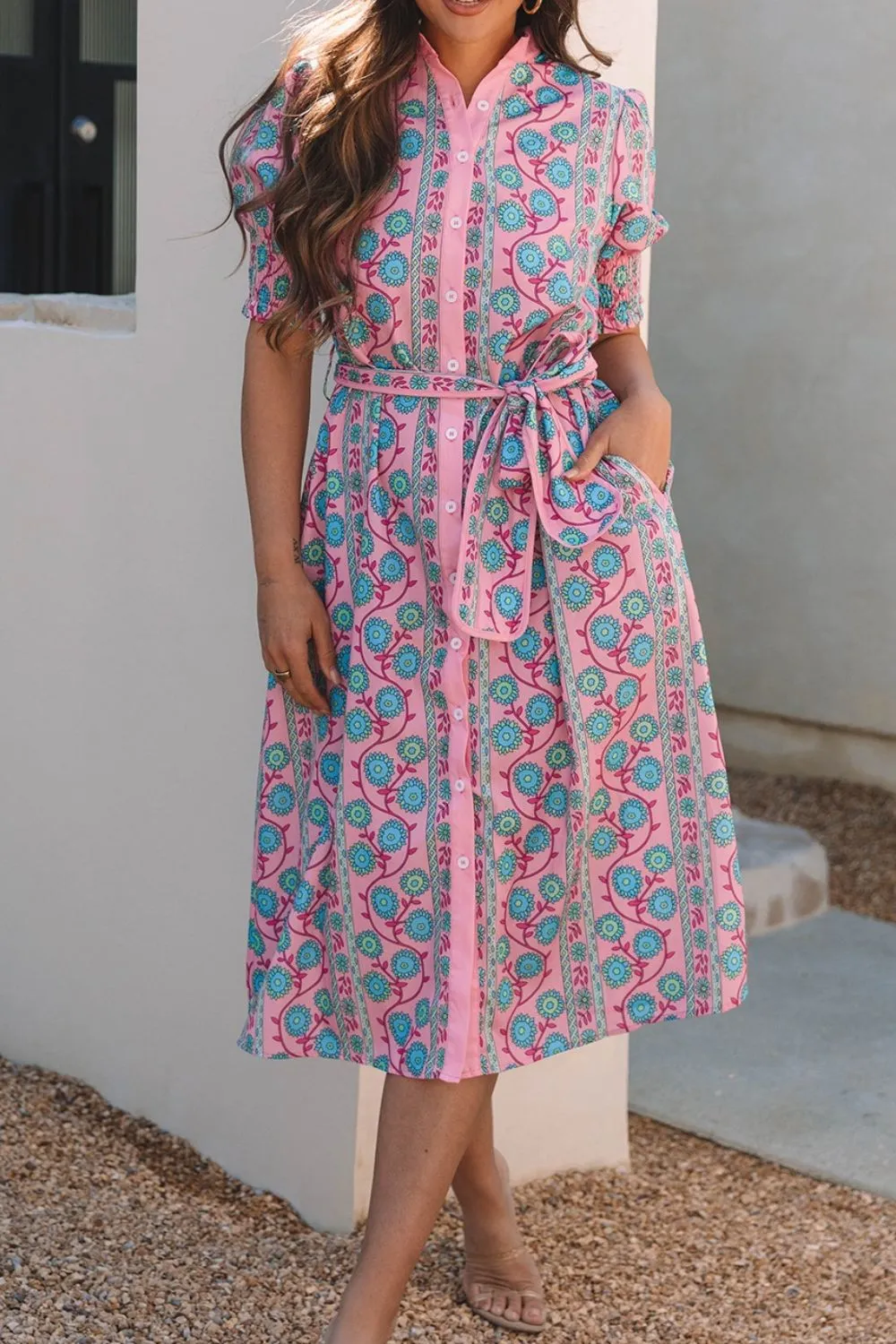 Printed Shirred Sleeve Buttoned Front Midi Dress with Sash sold by Charming Charlie product image thumbnail 3