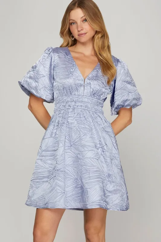 She + Sky Crinkle Woven V-Neck Balloon Sleeve Mini Dress sold by Charming Charlie