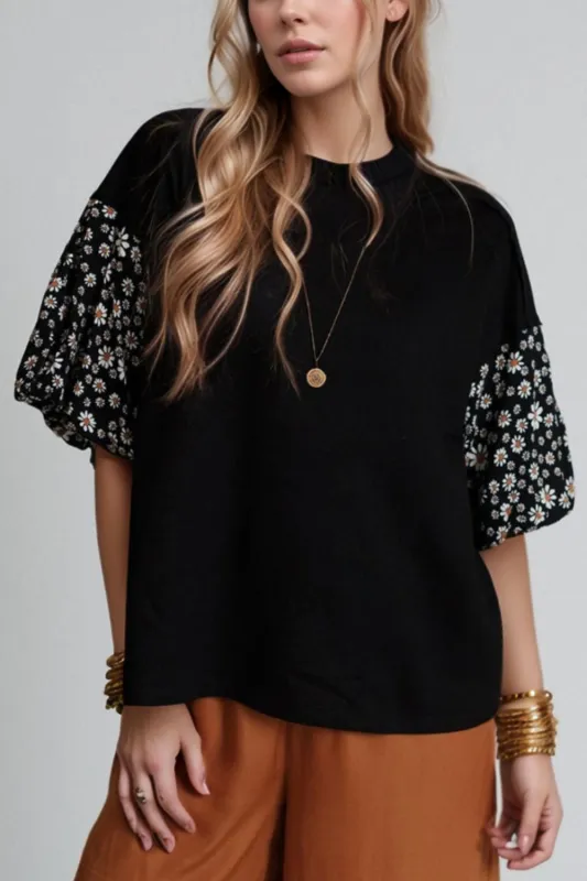 Contrast Floral Puff Sleeve Oversized Top sold by Charming Charlie