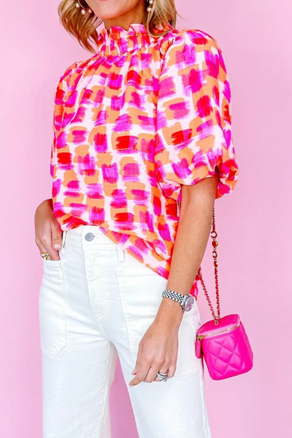 Abstract Print Button Back Ruffed Mock Neck Blouse sold by Charming Charlie product image thumbnail 4