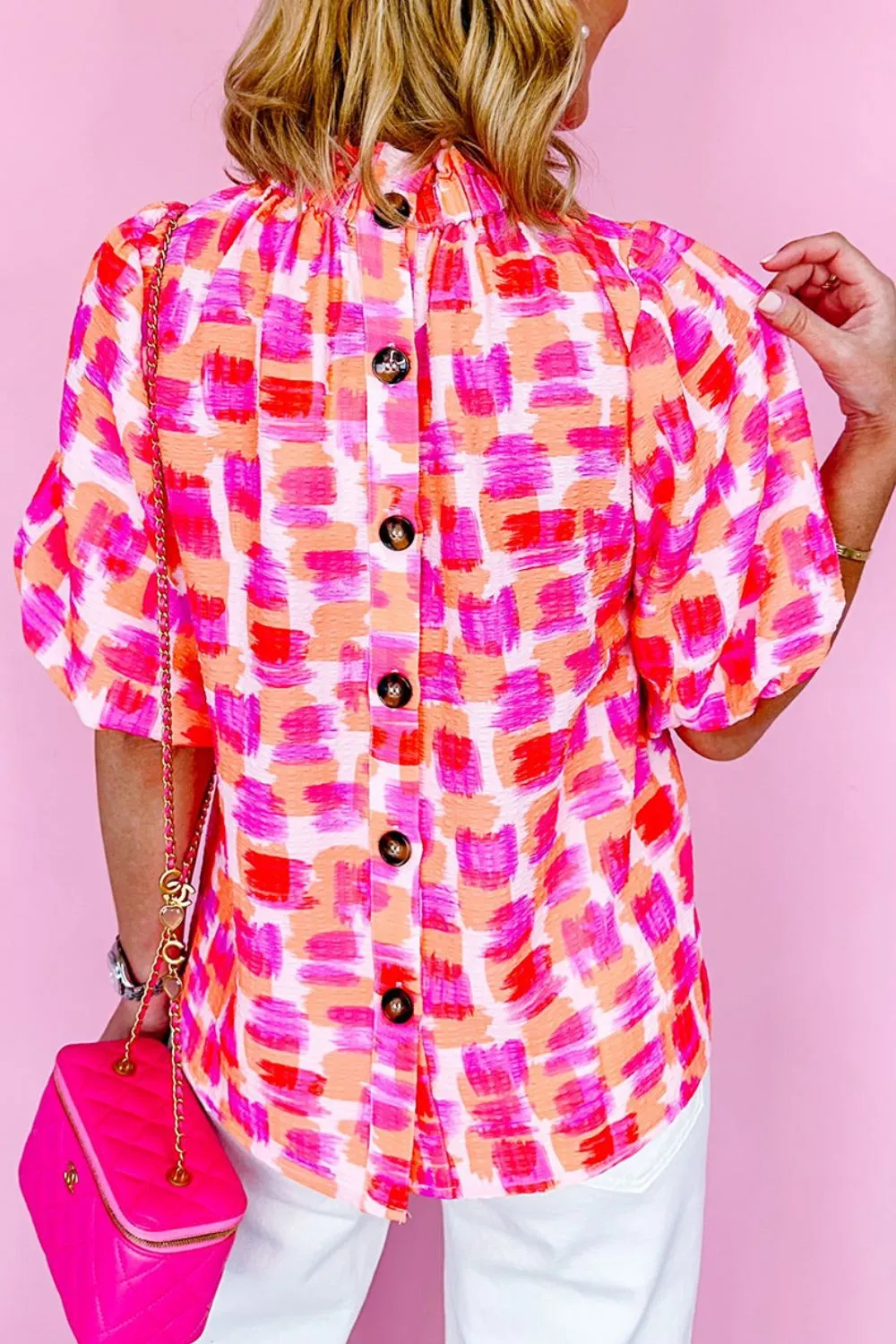 Abstract Print Button Back Ruffed Mock Neck Blouse sold by Charming Charlie product image thumbnail 3