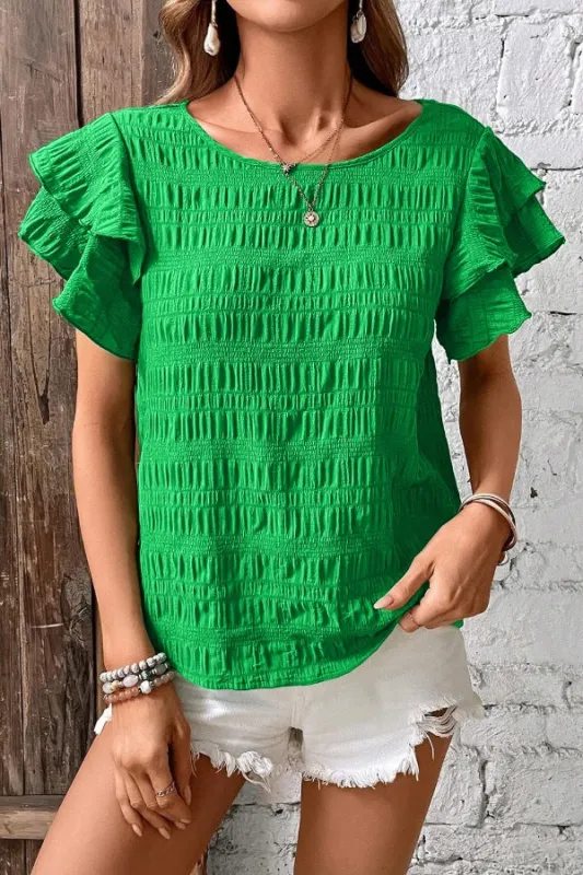 Textured Ruffled Sleeve Round Neck Top sold by Charming Charlie