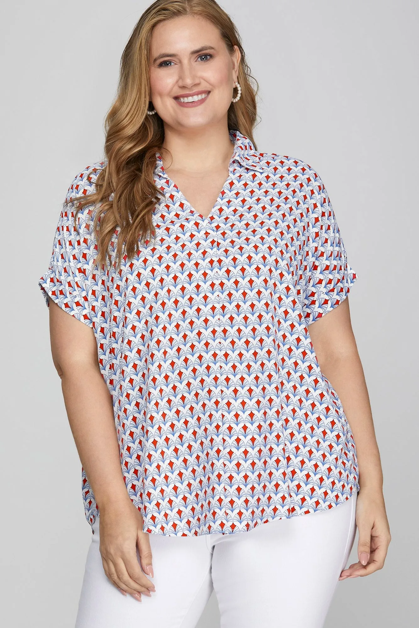 She + Sky Full Size Printed Johnny Collar Short Sleeve Blouse Plus Size sold by Charming Charlie product image thumbnail 4