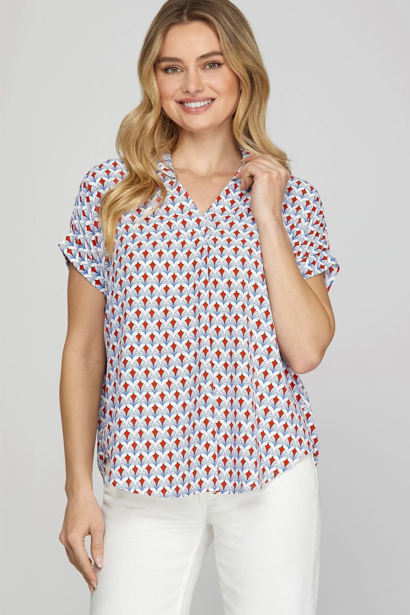 She + Sky Full Size Printed Johnny Collar Short Sleeve Blouse Plus Size sold by Charming Charlie