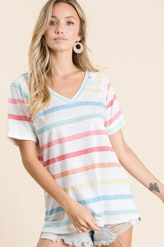 BiBi Striped V-Neck Short Sleeve T-Shirt sold by Charming Charlie