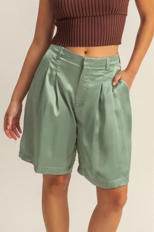 HYFVE High-Waist Pleated Satin Shorts sold by Charming Charlie