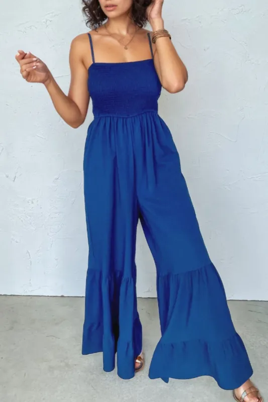Spaghetti Straps Smocked Ruffled Wide Leg Jumpsuit sold by Charming Charlie