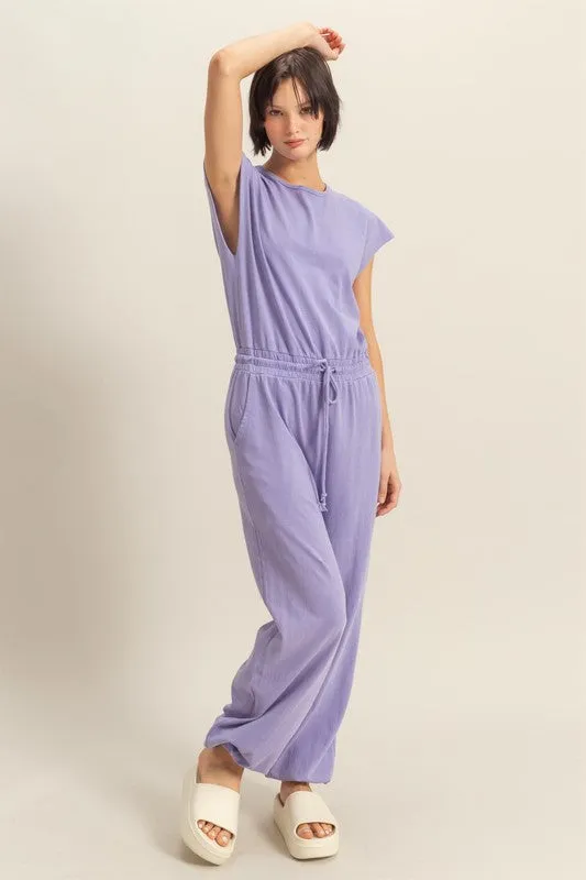 HYFVE Back Keyhole Round Neck Cap Sleeve Drawstring Jumpsuit sold by Charming Charlie